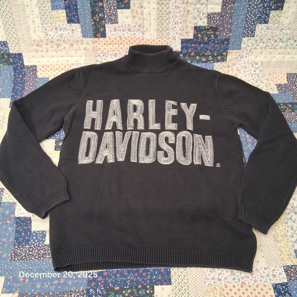 Harley Davidson Embroidered Knit Turtle Neck Sweater Mens‎ Size Medium Black
